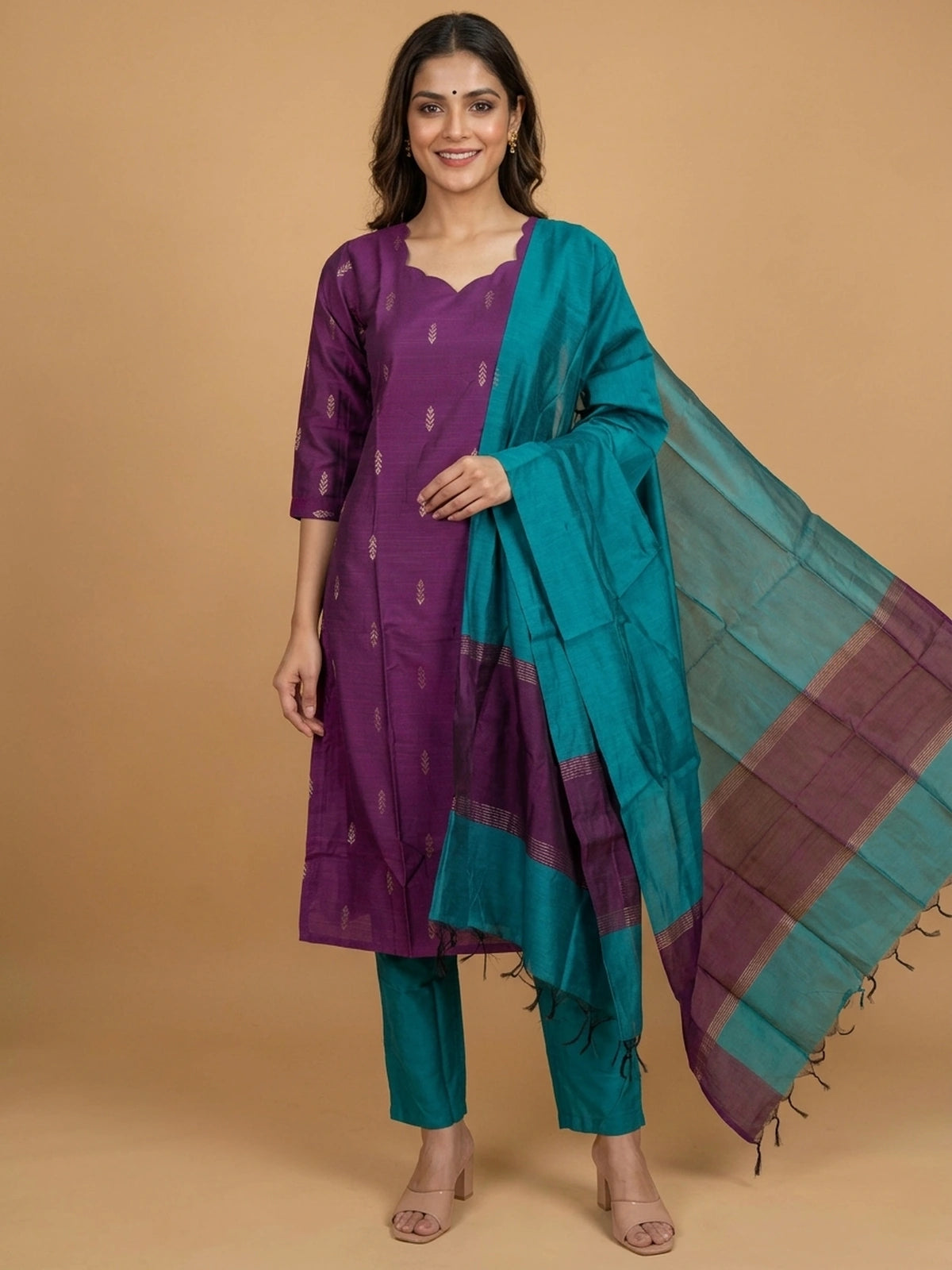Purple art silk straight cut kurti set with gold zari buti motifs and teal dupatta