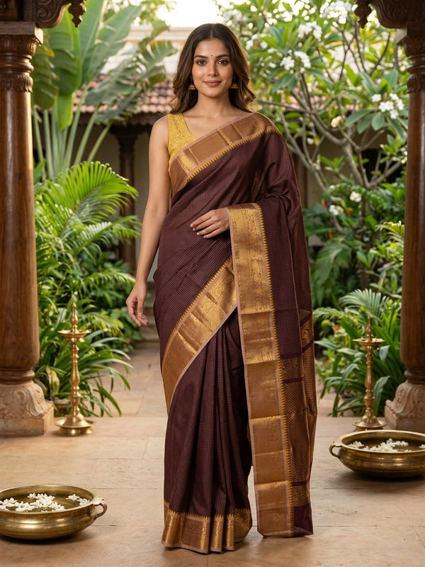 Maroon Chettinad cotton saree with gold zari temple border and contrast yellow blouse