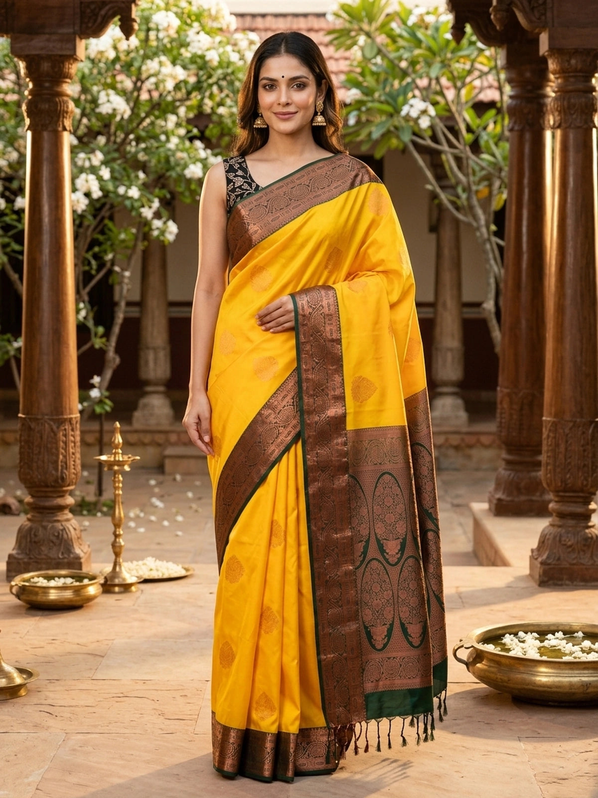Yellow semi silk saree with dark green contrast border, copper zari buttas and black floral blouse
