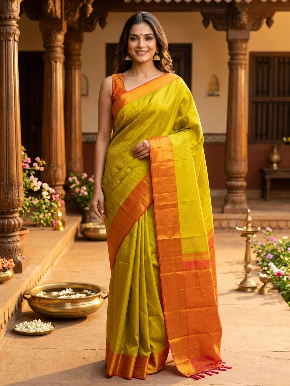 Lime Green and Orange Pure Kanchipuram Silk Saree