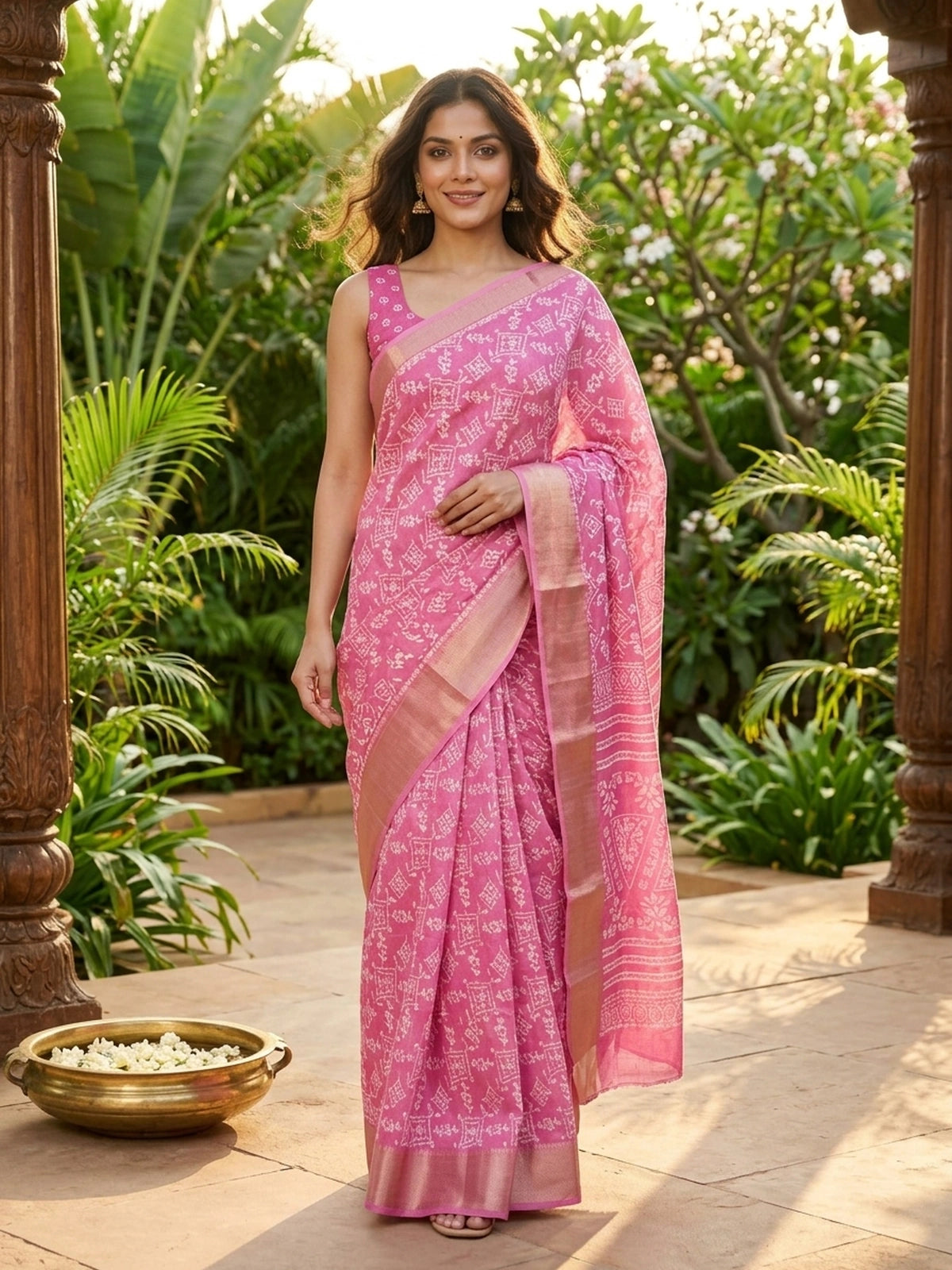 Pink and White Designer Zari Work Cotton Saree