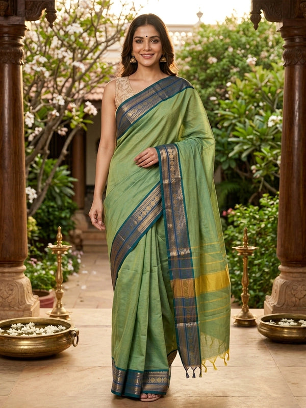 Green Chettinad cotton saree with contrast teal blue gold zari border and zari pallu