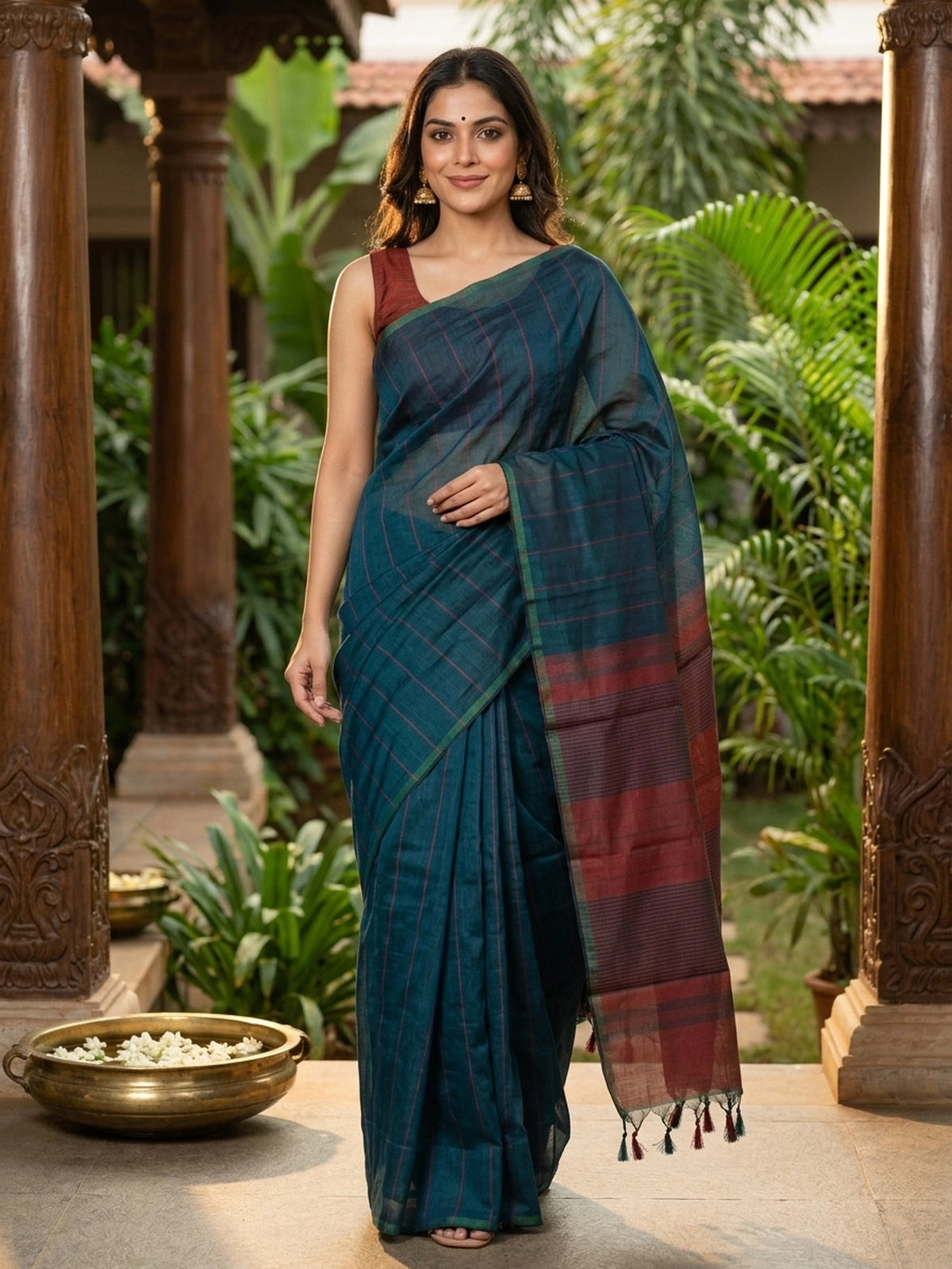 Teal Green and Maroon Silk Cotton Saree