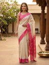 Cream and Pink Linen Cotton Saree