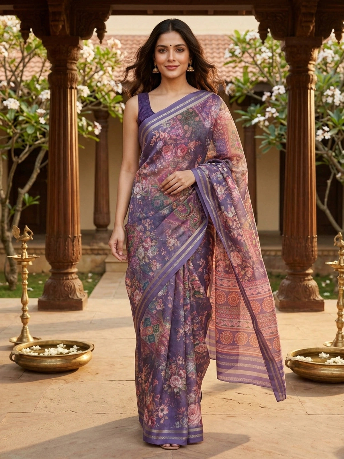Purple and Lavender Floral Designer Printed Saree