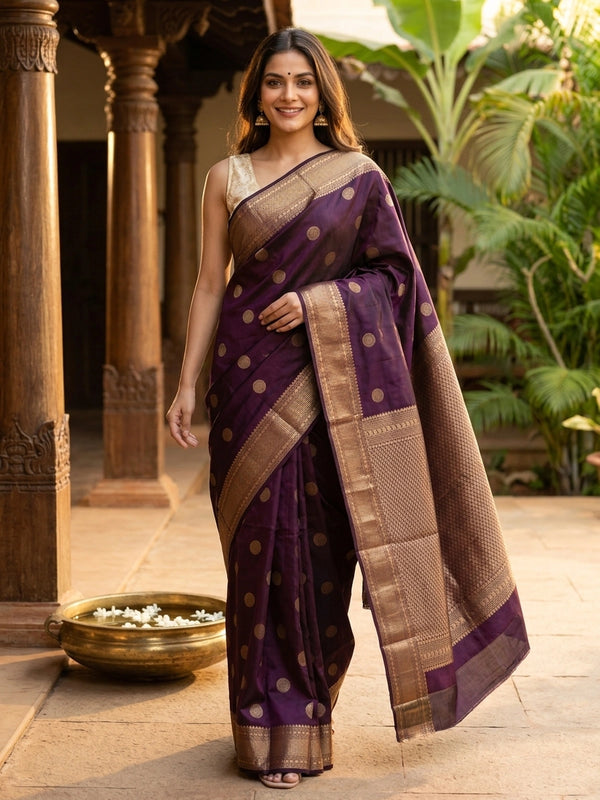 Deep purple pure Kanchipuram silk saree with gold zari circular buttas and contrast gold zari border