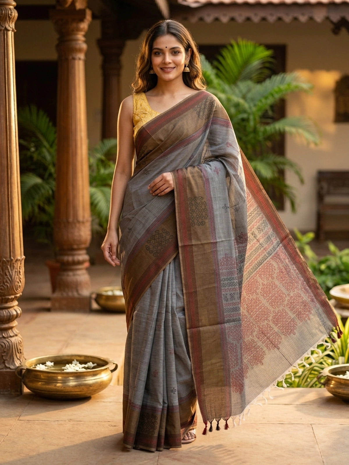 Grey and Brown Nagamam Cotton Saree