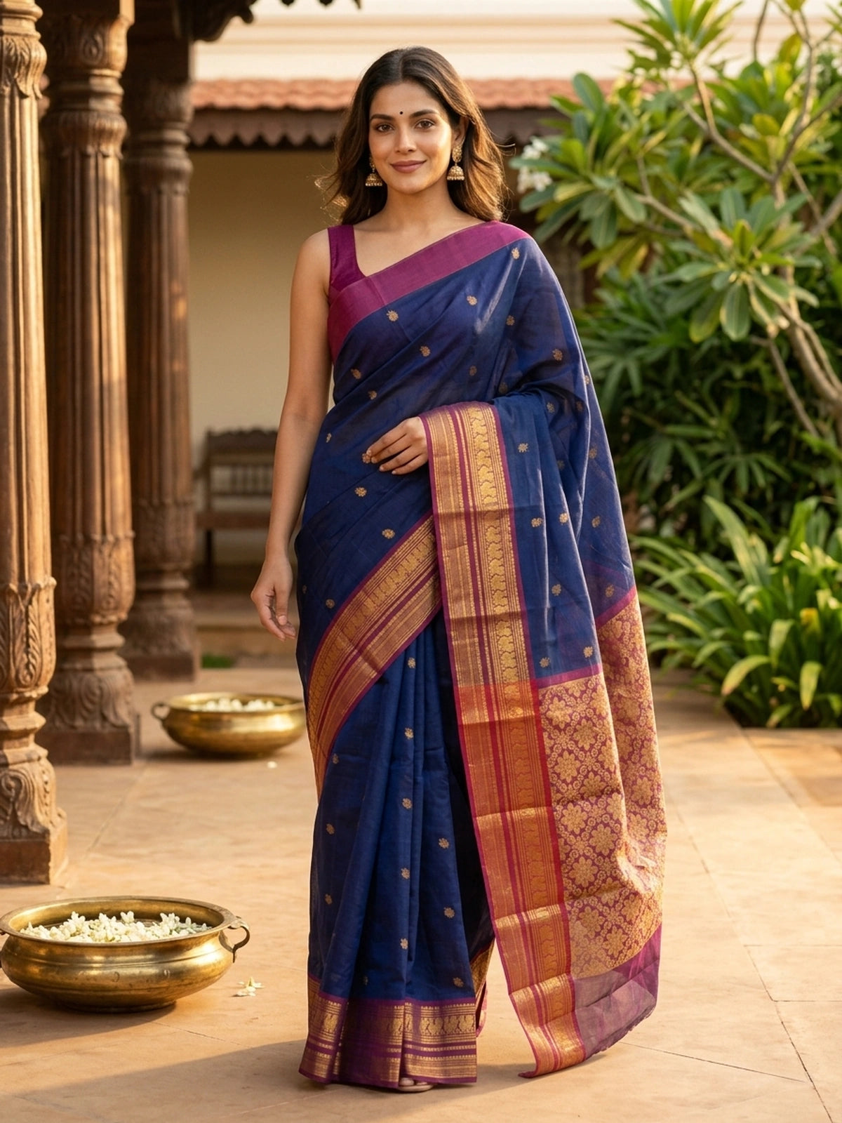 Navy blue Chettinad cotton saree with magenta gold zari border and yellow contrast blouse