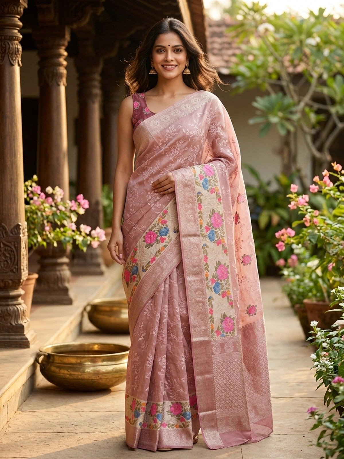 Dusty Rose Pink and Cream Designer Embroidery Work Cotton Saree