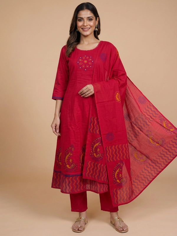 Red cotton mirror work embroidered Anarkali kurti set with printed dupatta and straight pants