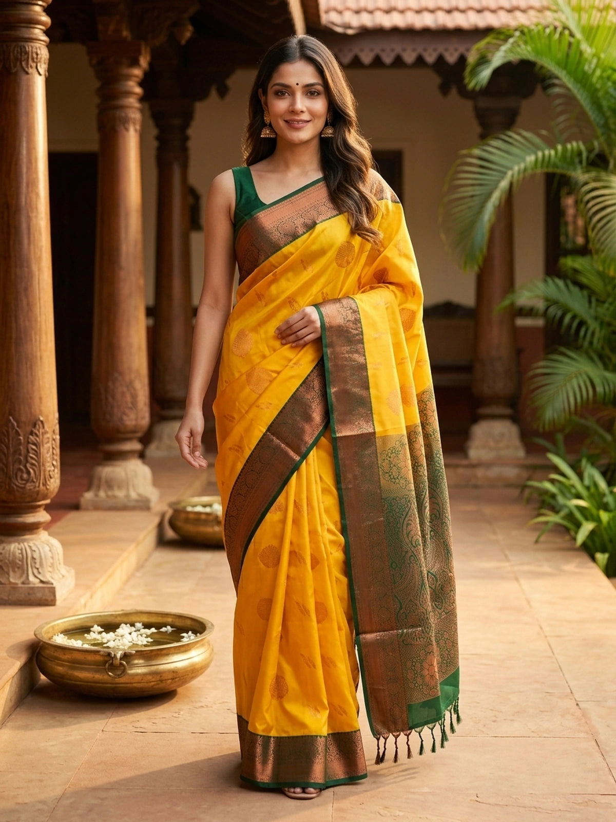 Yellow Kanchipuram fancy silk saree with green contrast border and copper zari pallu