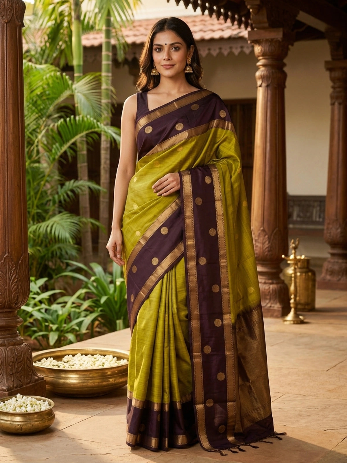 Mehndi Green and Maroon Pure Kanchipuram Silk Saree