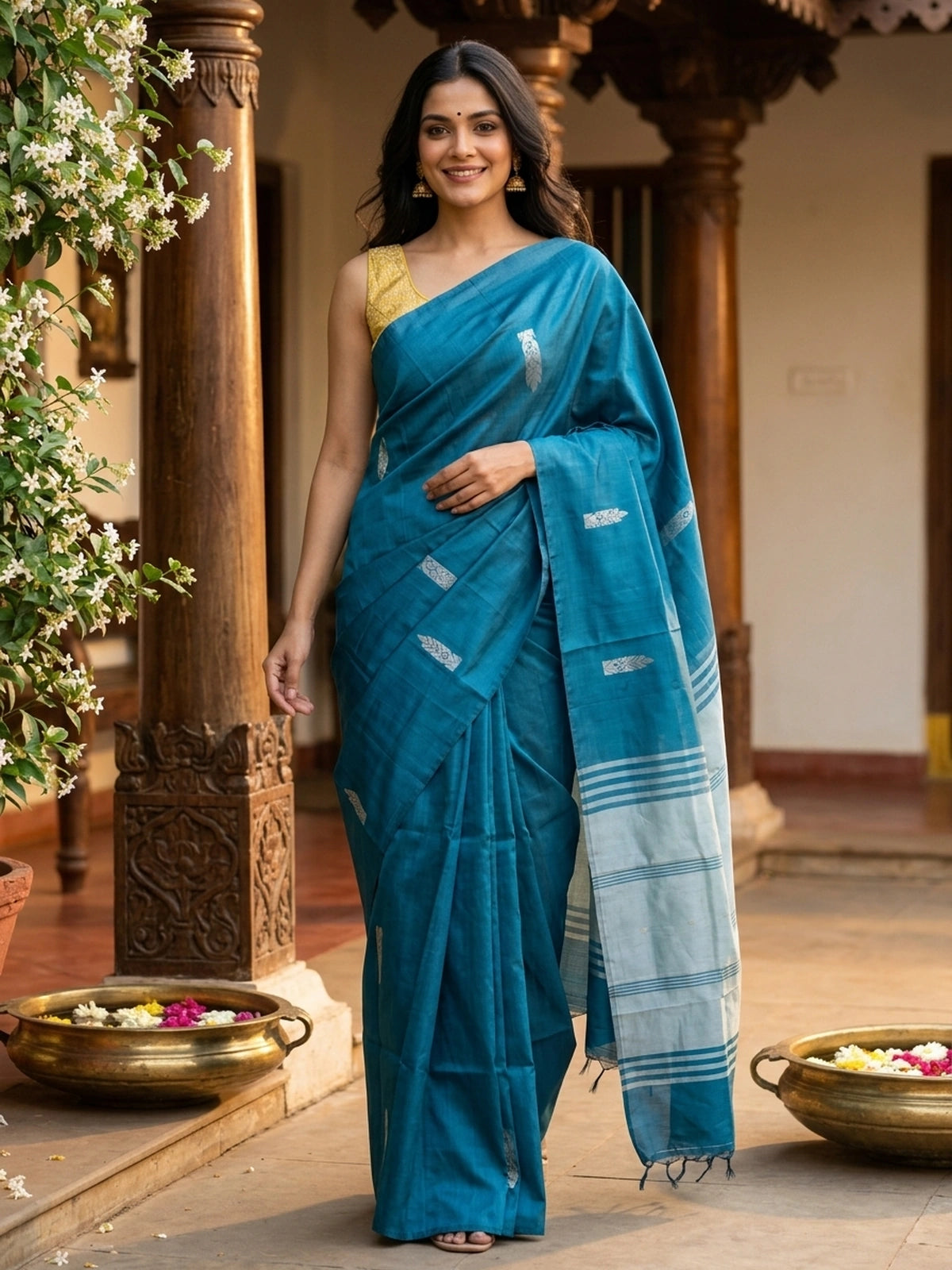 Peacock Teal Blue and Silver Grey Banana Silk Sarees