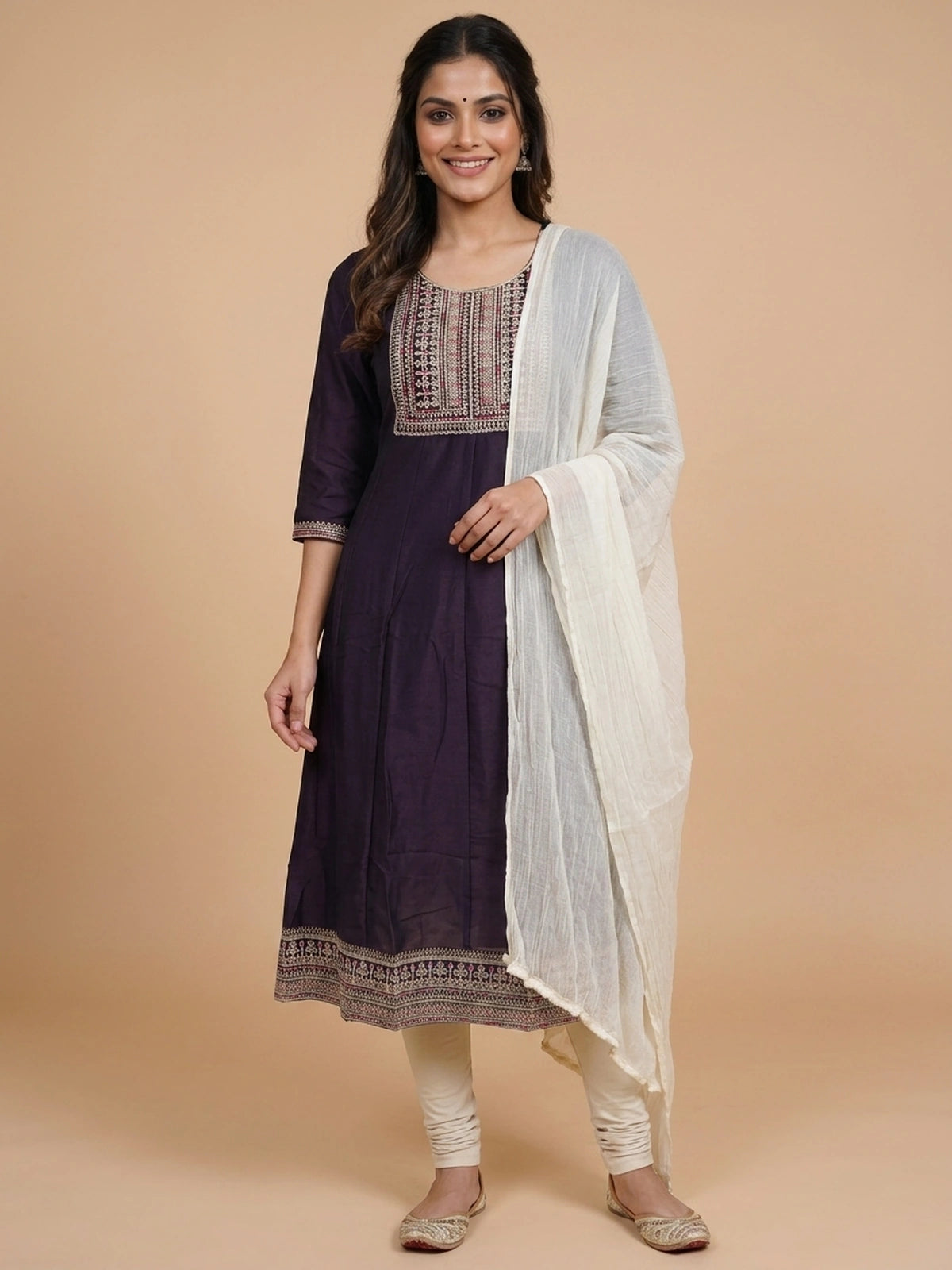 Deep purple embroidered Anarkali kurti top with multicolour zari yoke and hem border