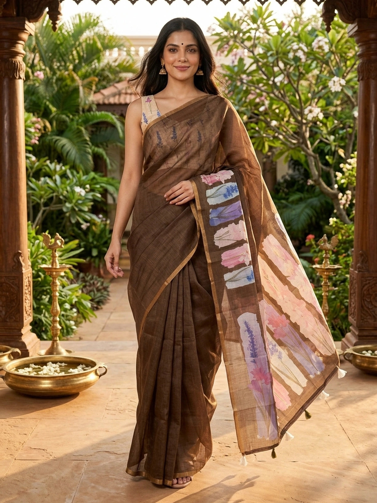 Earthy brown linen cotton saree with watercolour floral pallu and thin gold zari border