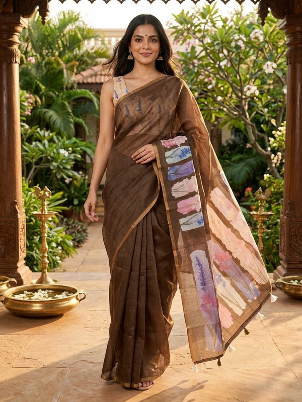 Earthy brown linen cotton saree with watercolour floral pallu and thin gold zari border