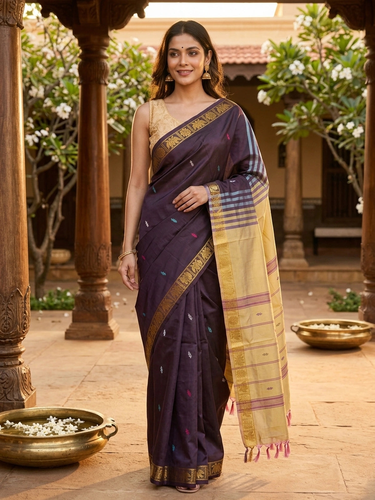 Wine Purple and Yellow Banana Silk Sarees