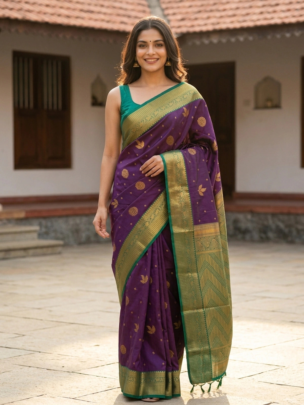 Purple semi silk saree with gold zari butta, contrast green zari border and ornate green-gold pallu