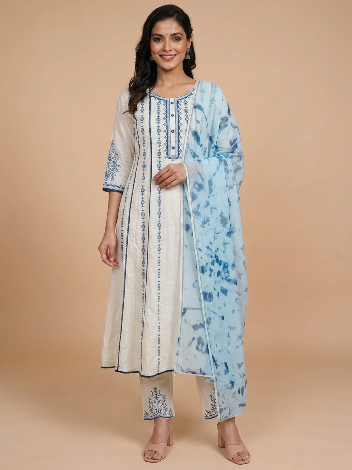 Off-White blue floral embroidered cotton anarkali kurti set with tie-dye dupatta