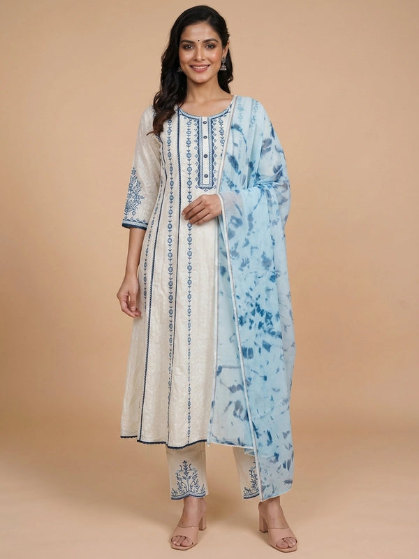 Off-White blue floral embroidered cotton anarkali kurti set with tie-dye dupatta