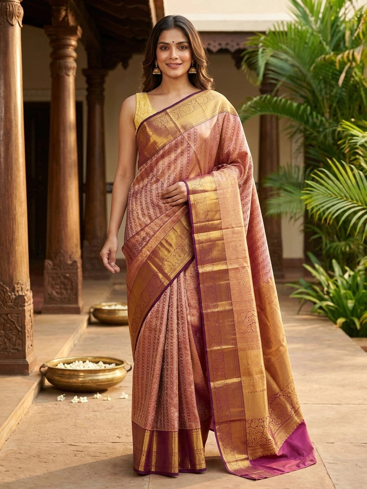 Peach pink and wine pure Kanchipuram silk saree with gold zari floral jaal and contrast border