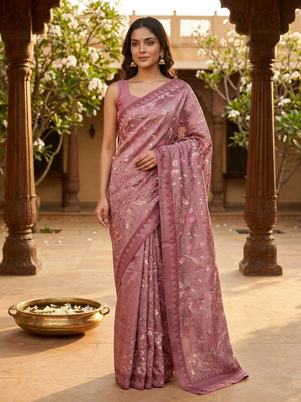 Dusty rose pink designer saree with floral and bird thread embroidery and temple border