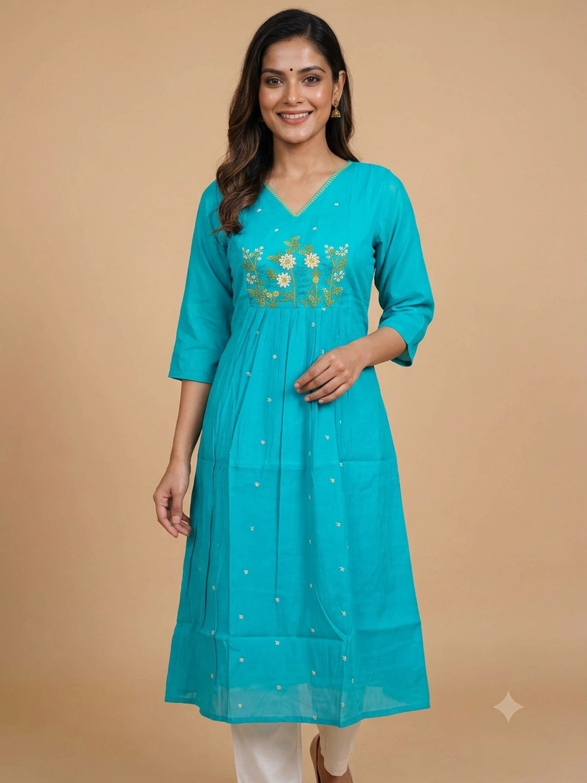 Teal floral embroidered cotton blend Anarkali kurti top with 3/4th sleeves