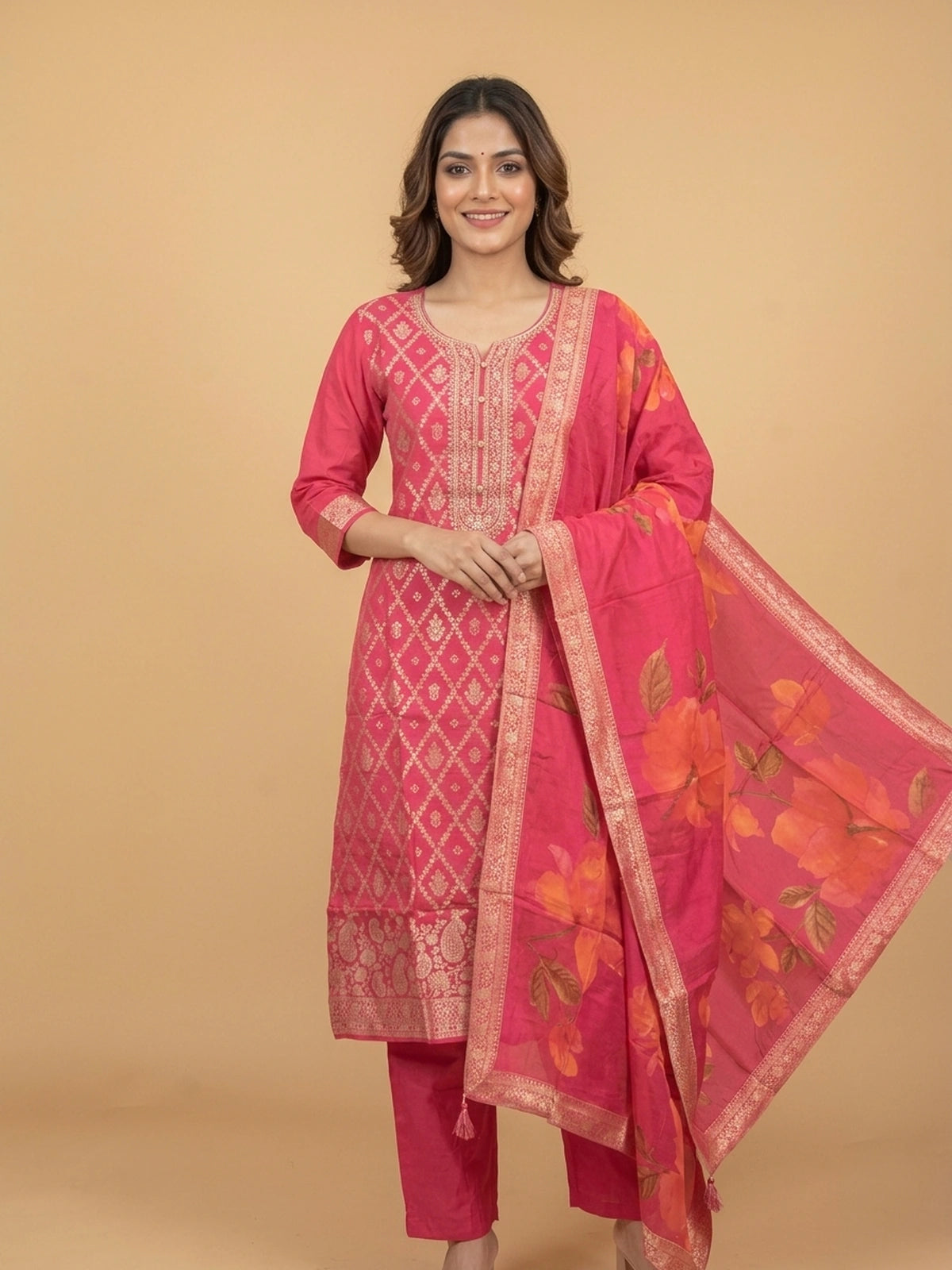 Rani Pink Banarasi silk zari woven straight cut kurti set with floral print dupatta