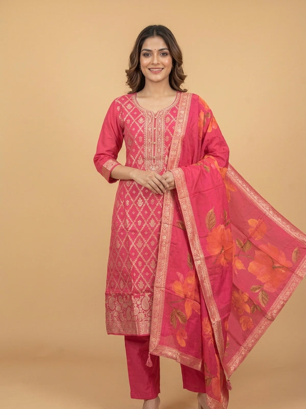 Rani Pink Banarasi silk zari woven straight cut kurti set with floral print dupatta