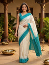 Cream and Teal Dola Silk Saree