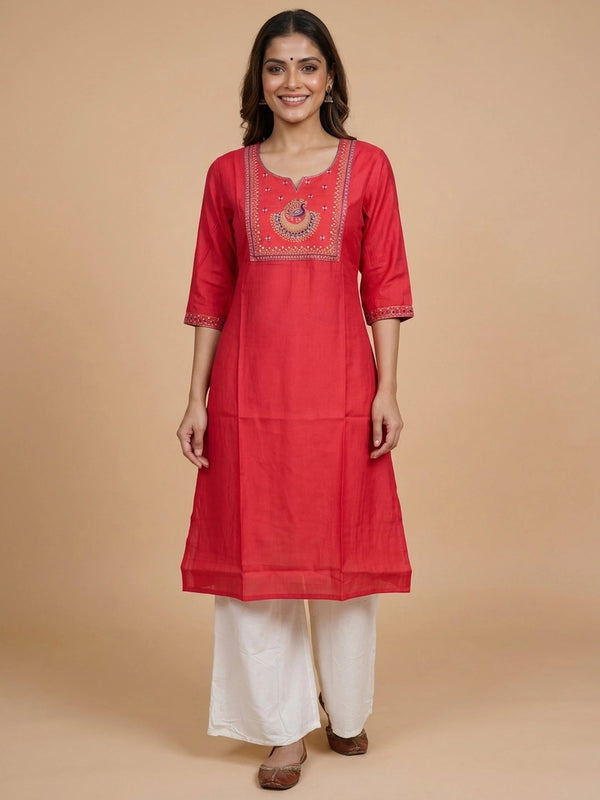 Red cotton silk straight cut kurti top with peacock embroidered yoke