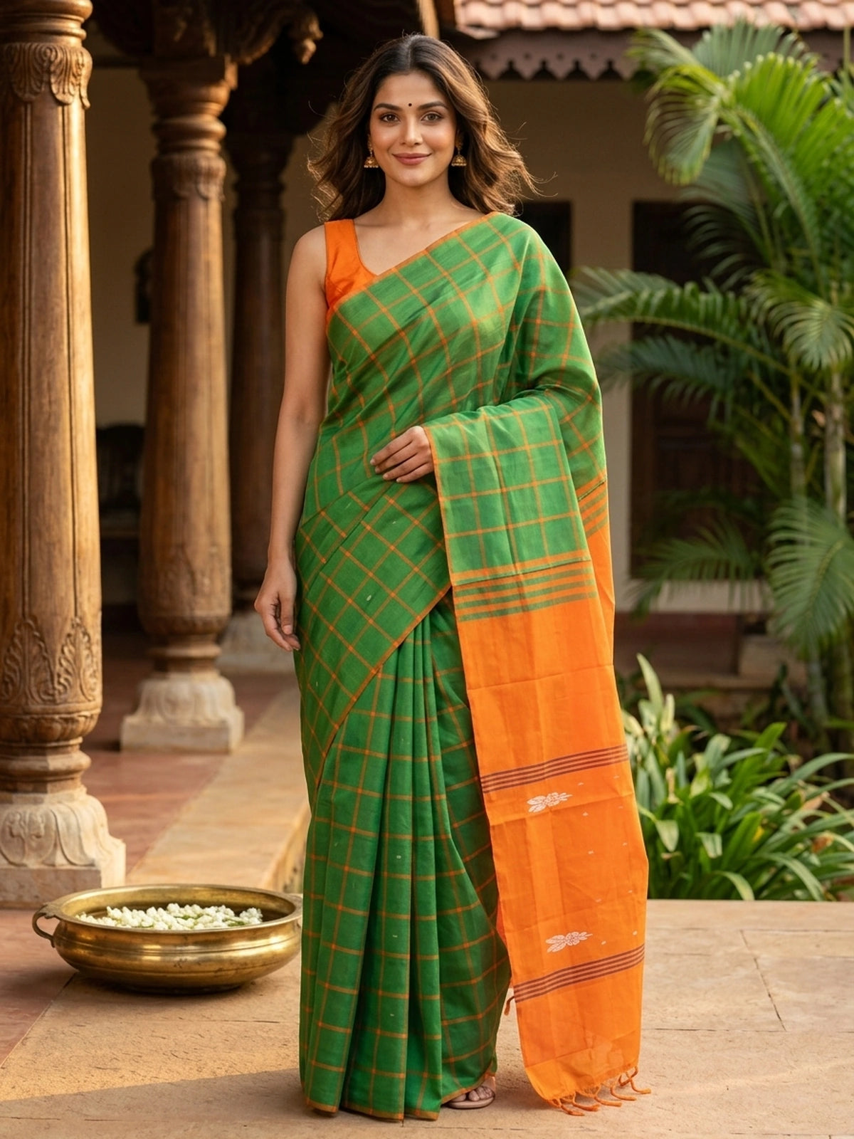Green and orange checked banana silk saree with contrast orange pallu and blouse