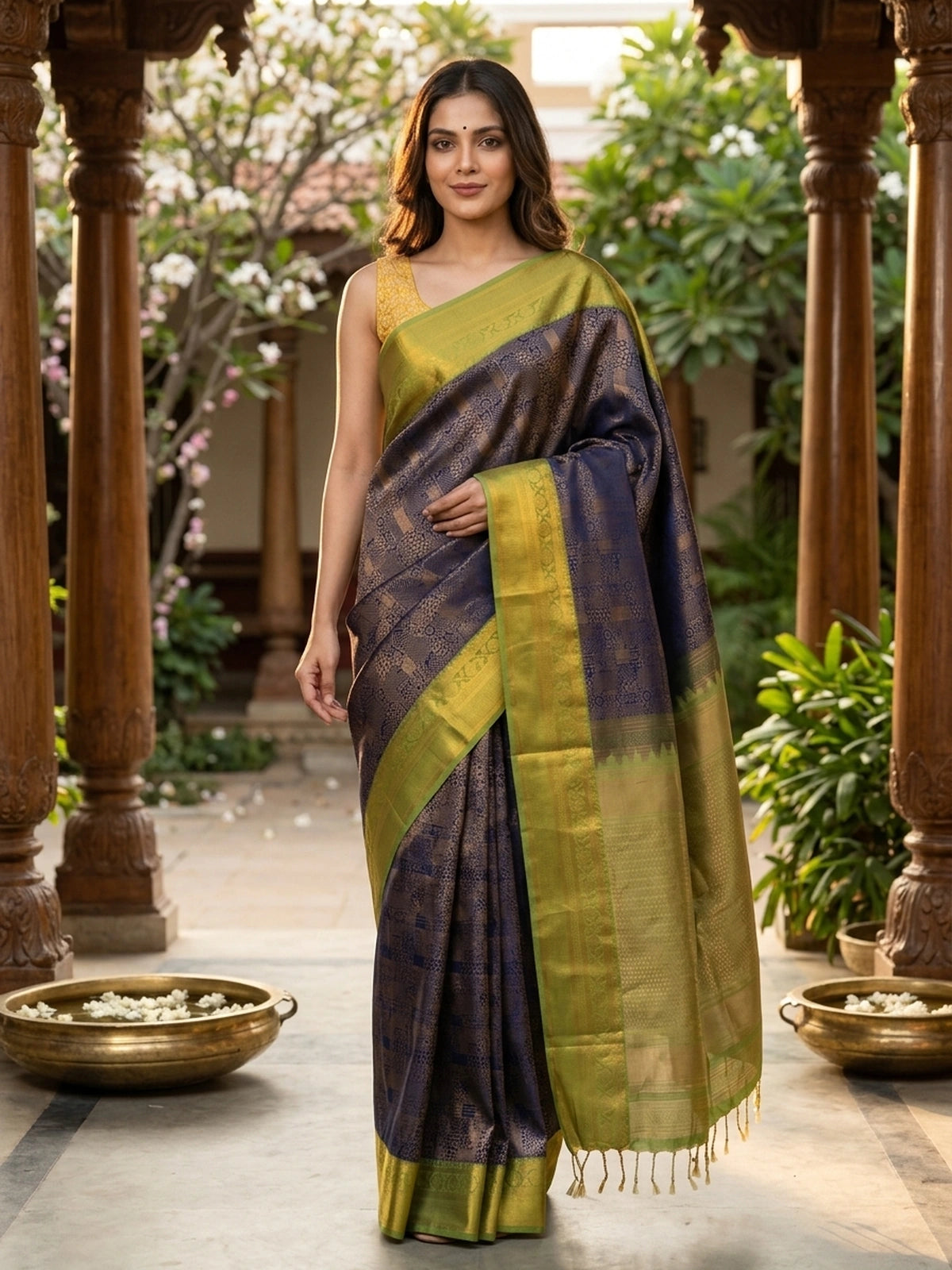 Navy Blue and Lime Green Kanchipuram Fancy Silk Saree