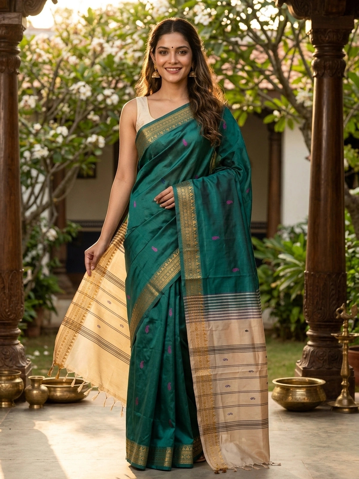 Teal Green and Cream Banana Silk Sarees