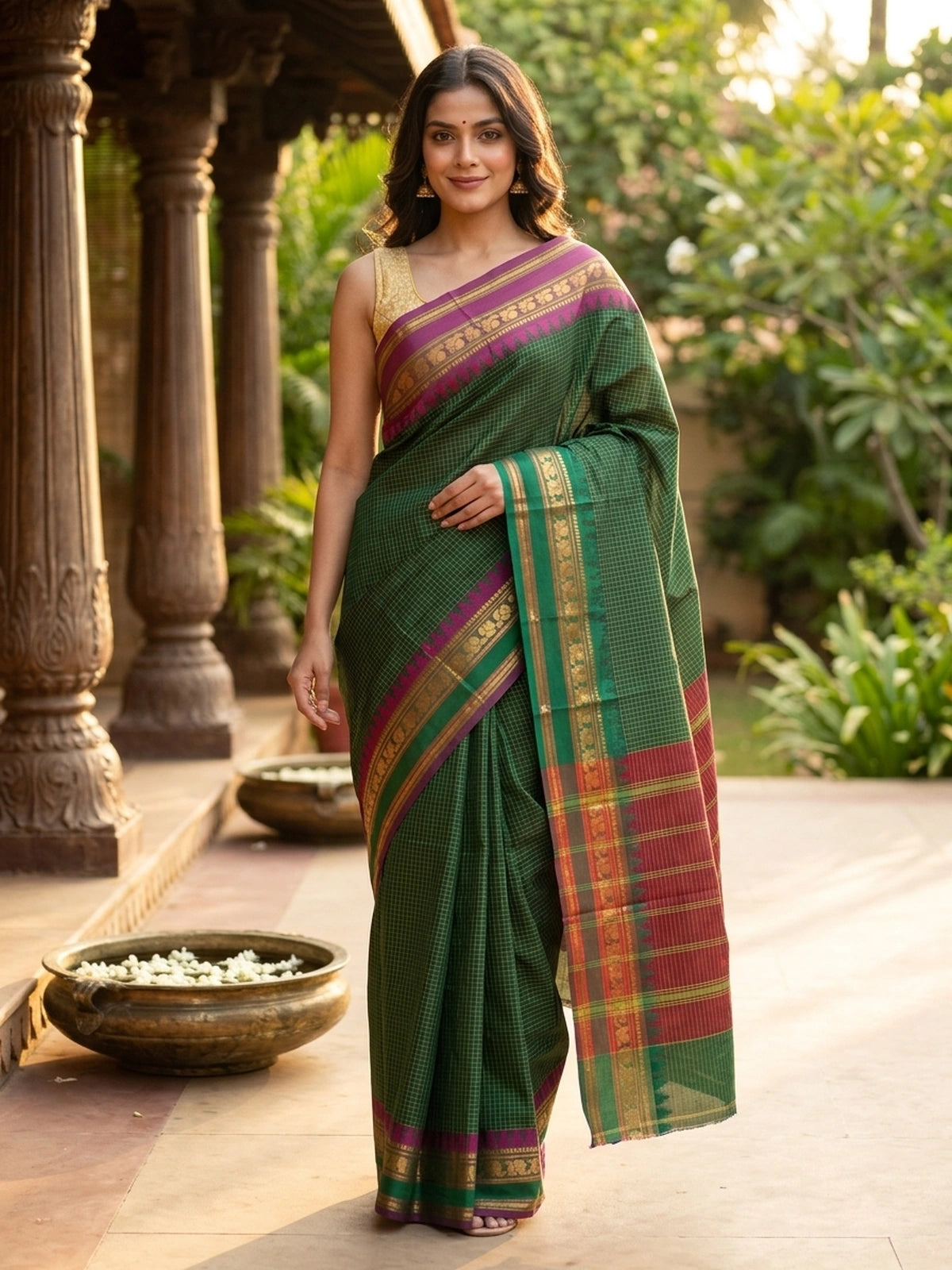 Green and Magenta Chettinad Cotton Saree