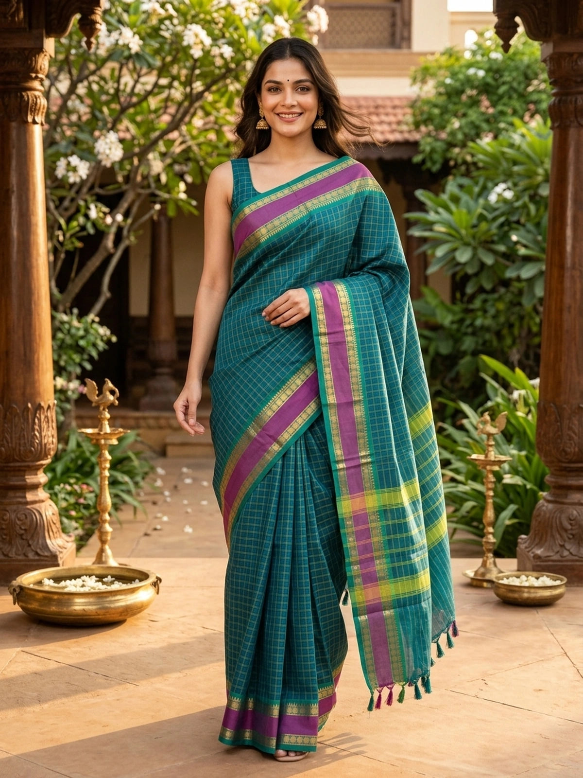 Teal and Magenta Chettinad Cotton Saree