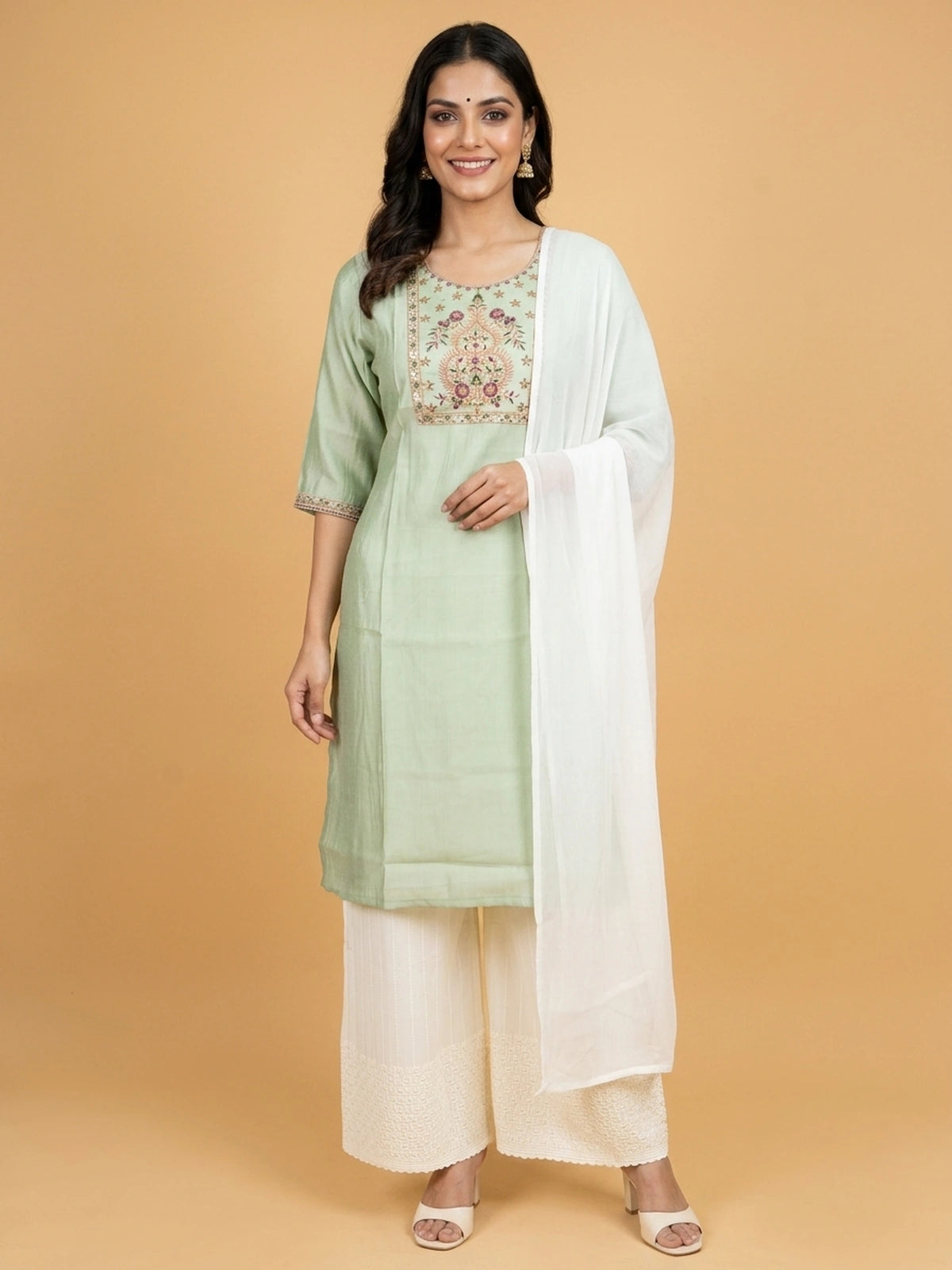 Sage green embroidered Chanderi silk Anarkali kurti top with floral zari yoke
