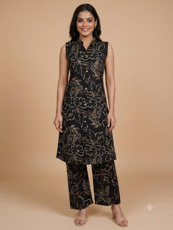 Black and gold floral printed sleeveless cotton co-ord kurti set with matching palazzo pants