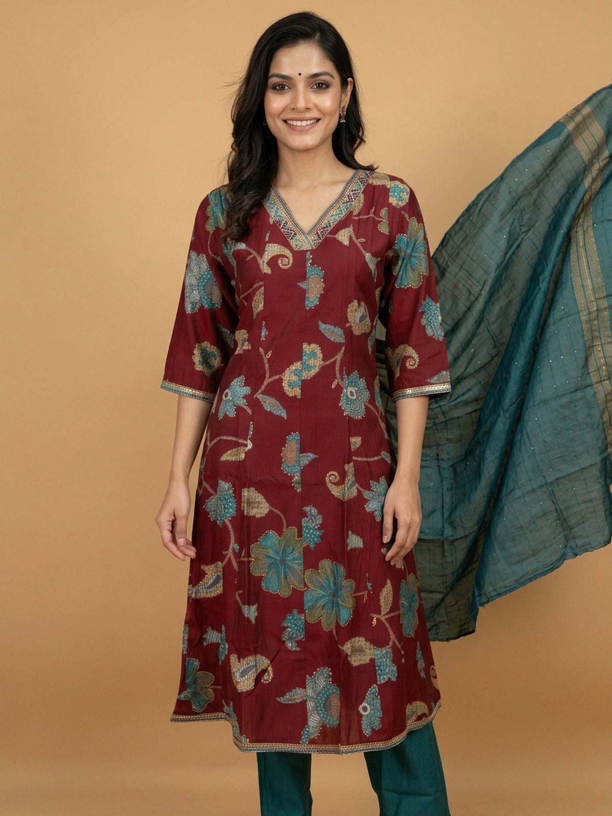 Maroon floral printed A-line kurti set with teal pants and dupatta