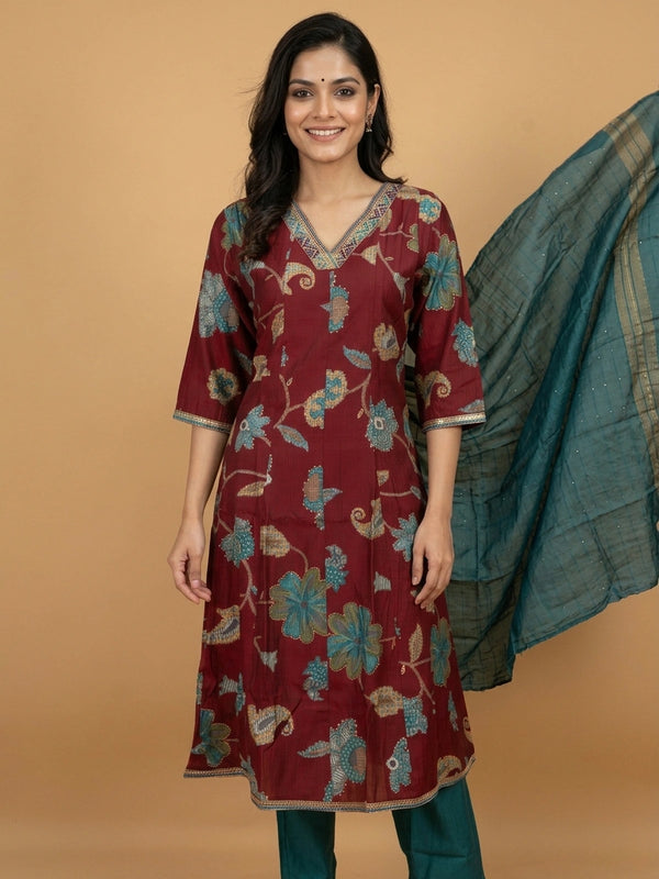 Maroon floral printed A-line kurti set with teal pants and dupatta