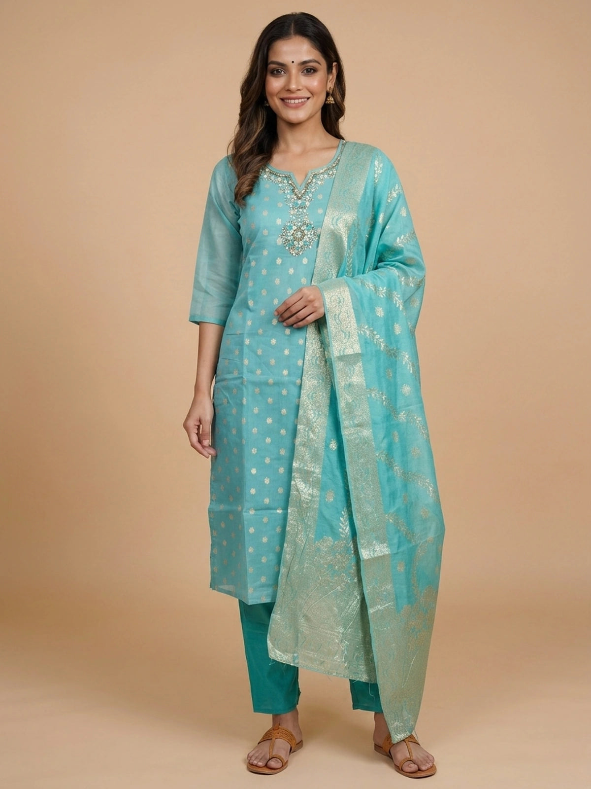 Turquoise zari embellished Chanderi silk straight cut kurti set with matching pants and gold zari dupatta