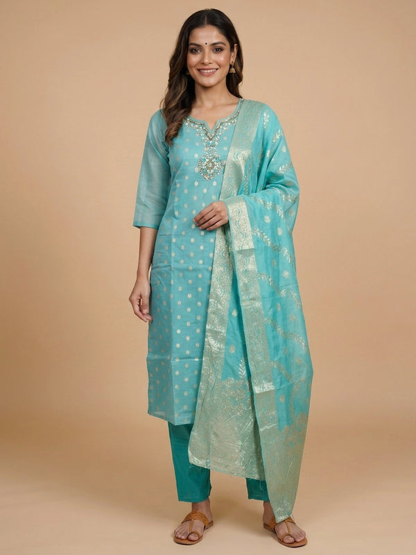 Turquoise zari embellished Chanderi silk straight cut kurti set with matching pants and gold zari dupatta