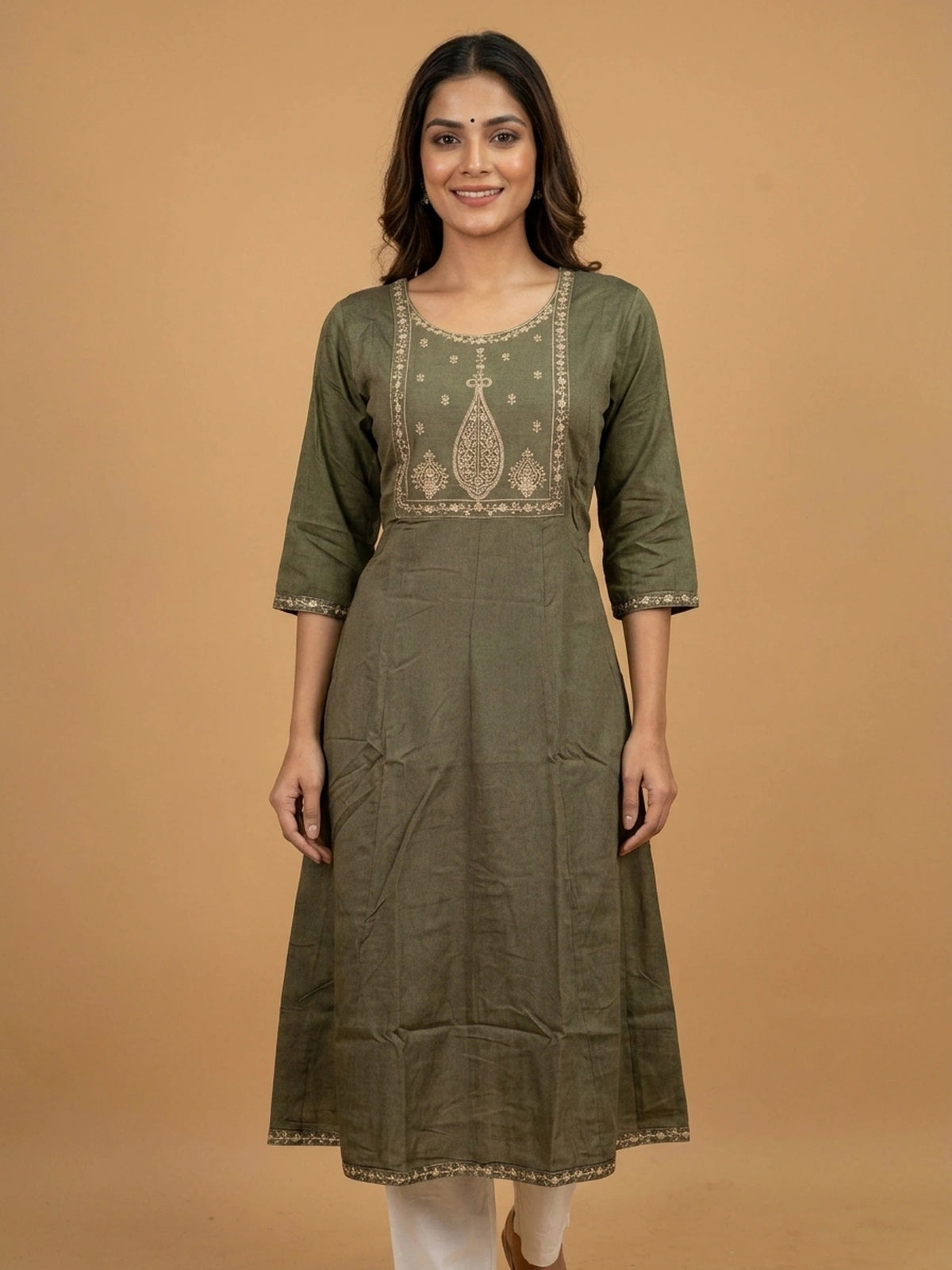 Olive green Zari embroidered Anarkali kurti top with gold yoke work and 3/4 sleeves