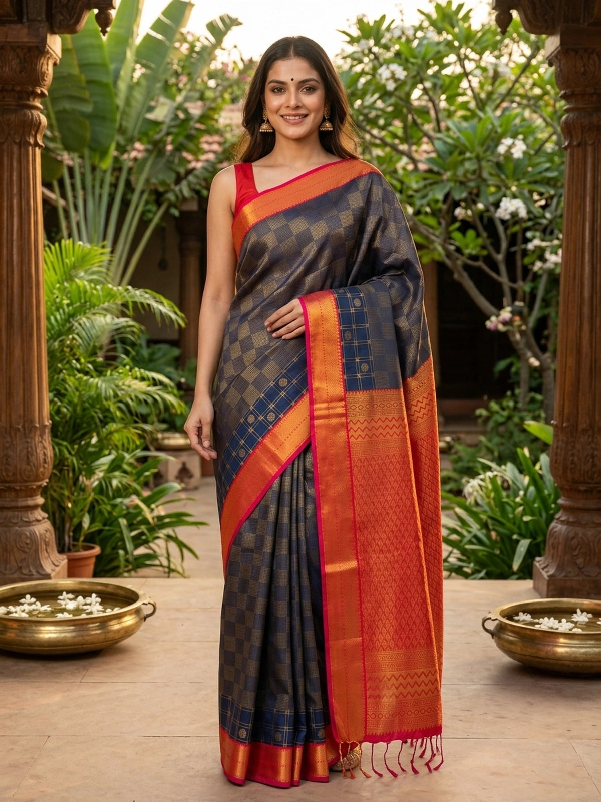 Navy blue Kanchipuram fancy silk saree with gold zari checks and contrast orange-red zari border and pallu