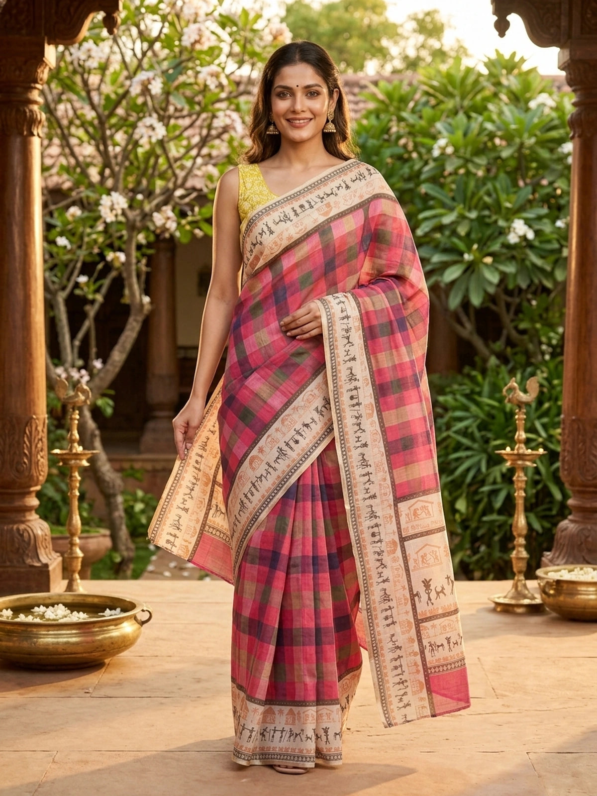 Pink and cream checked linen cotton saree with Warli tribal print border and contrast yellow blouse