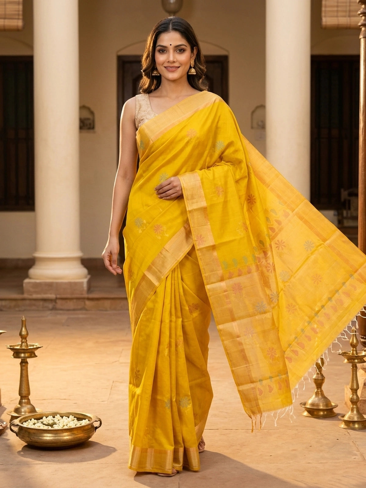 Bright yellow pure silk cotton saree with floral buta motifs and gold zari border