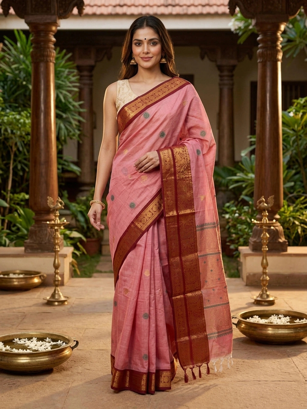Pink Chettinad cotton saree with maroon gold zari border and woven buttas