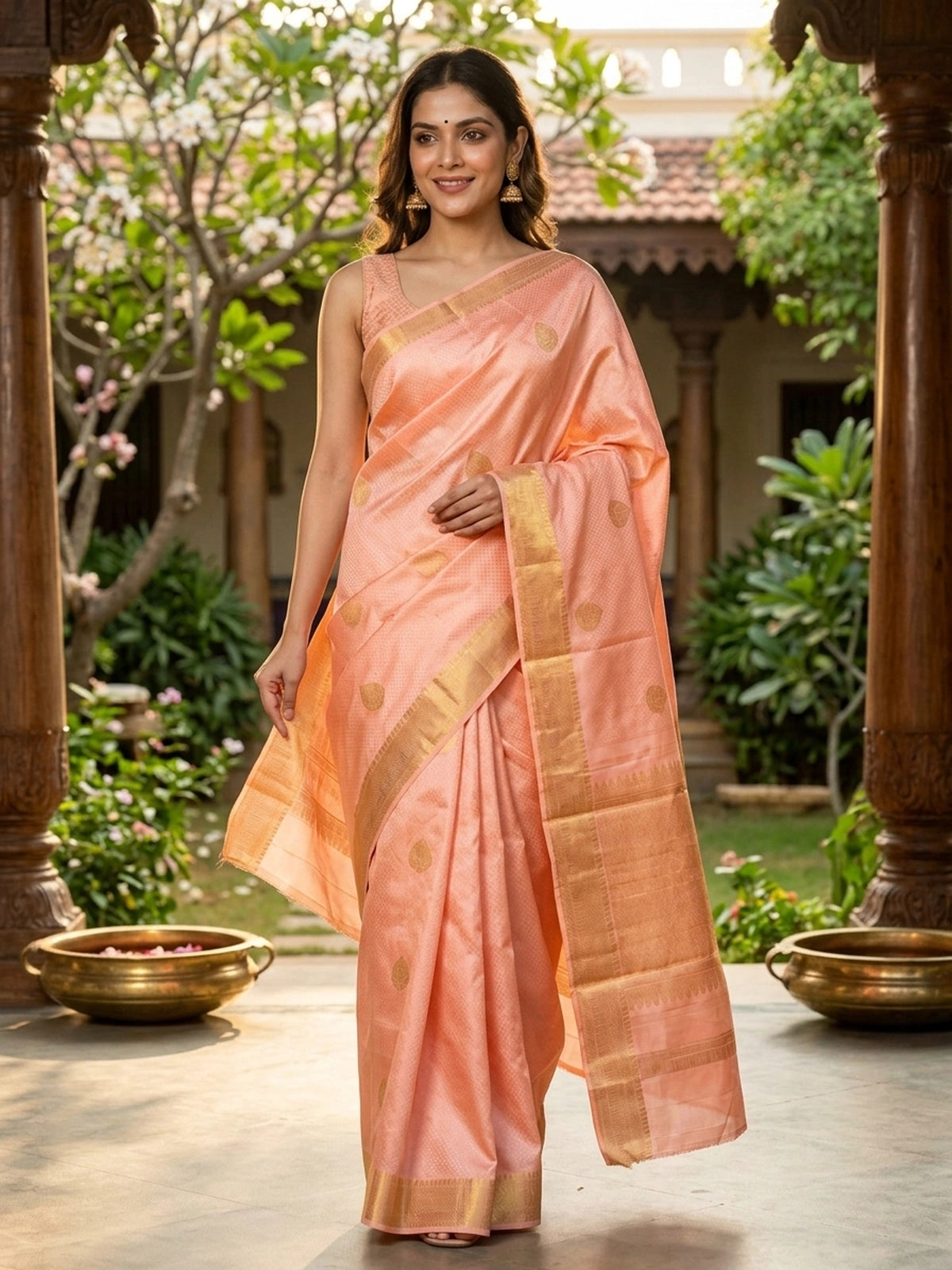 Peach pure Kanchipuram silk saree with gold zari buttas, contrast zari border and woven pallu