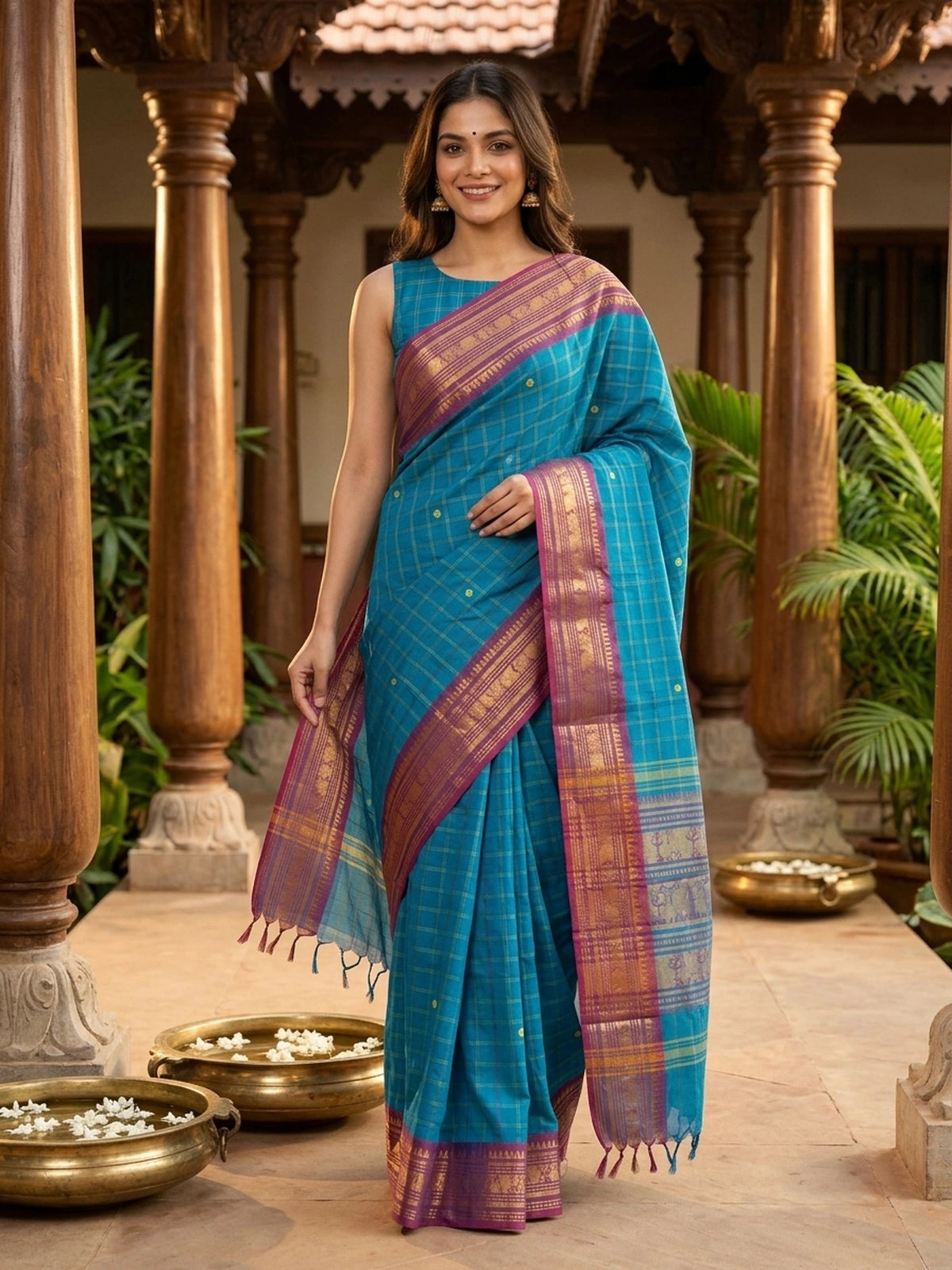 Peacock blue Chettinad cotton saree with checked body, yellow buttas and magenta gold zari border