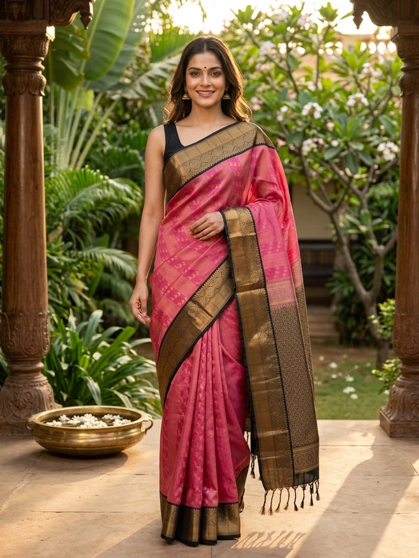Pink Kanchipuram fancy silk saree with contrast black and gold zari border and pallu